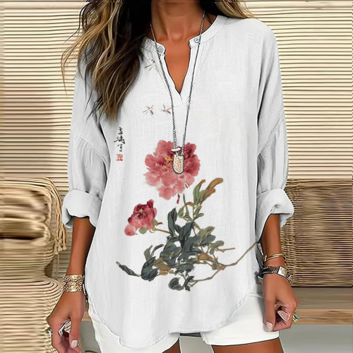 Women's Vintage Japanese Ink Flower Calligraphy Art Print Casual Shirt