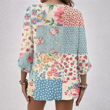 Women's Vintage V-Neck Contrast Floral Button-Down Linen Shirt