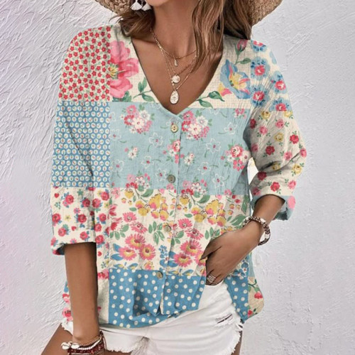 Women's Vintage V-Neck Contrast Floral Button-Down Linen Shirt
