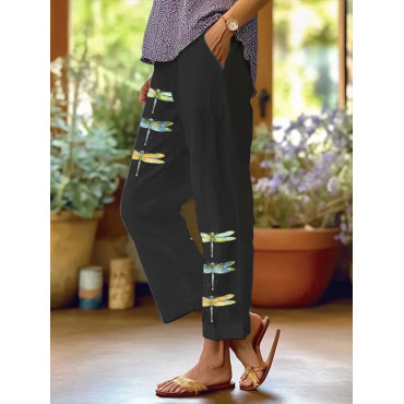 Women's Watercolor Dragonfly Print Casual Pants