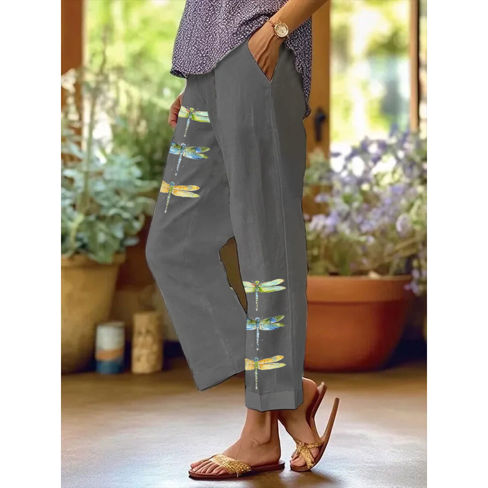 Women's Watercolor Dragonfly Print Casual Pants