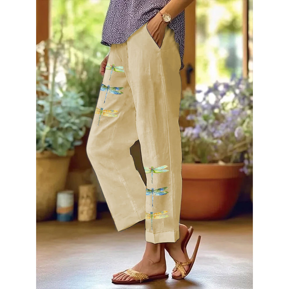 Women's Watercolor Dragonfly Print Casual Pants