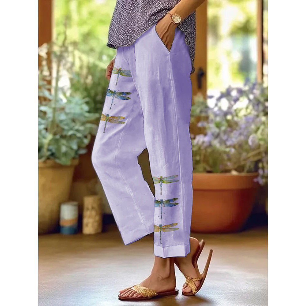 Women's Watercolor Dragonfly Print Casual Pants