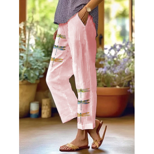 Women's Watercolor Dragonfly Print Casual Pants