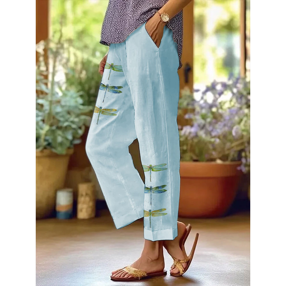 Women's Watercolor Dragonfly Print Casual Pants