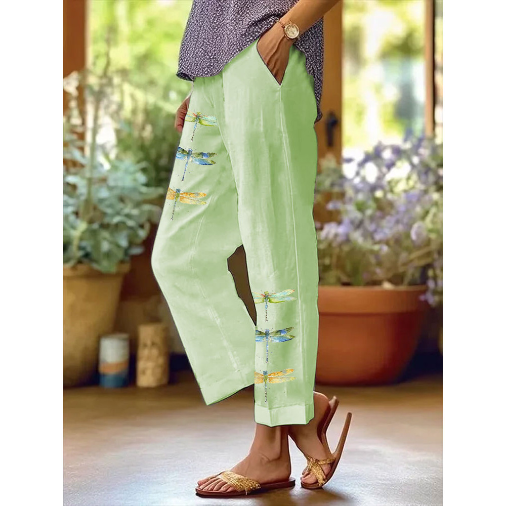 Women's Watercolor Dragonfly Print Casual Pants
