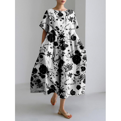 Yin Yang Japanese Pattern Linen Blend Maxi Dress