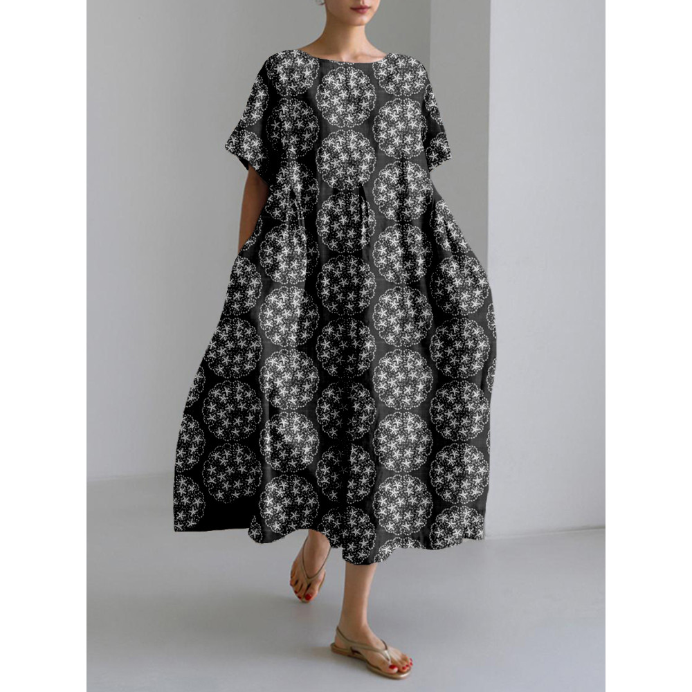 Yukiwa Flower Balls Japanese Sashiko Art Linen Blend Maxi Dress