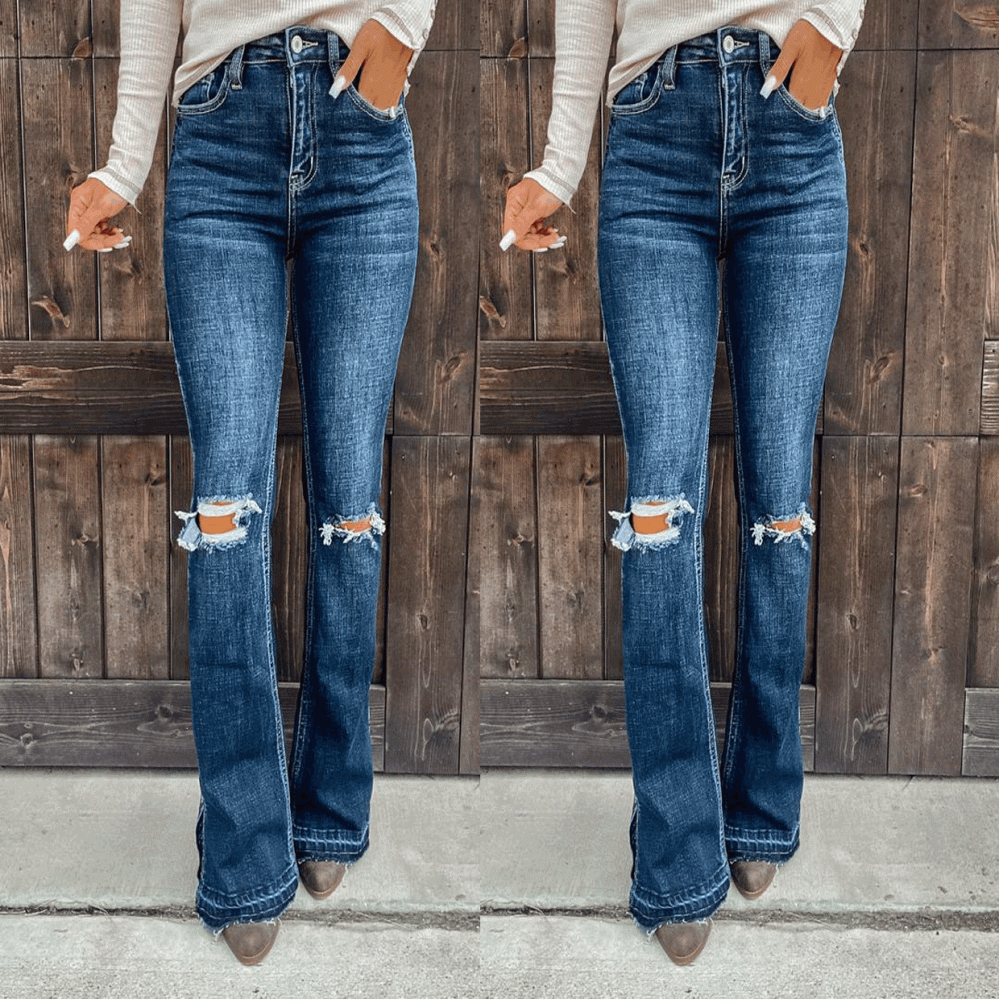 Classic Washed Ripped Bootcut Jeans