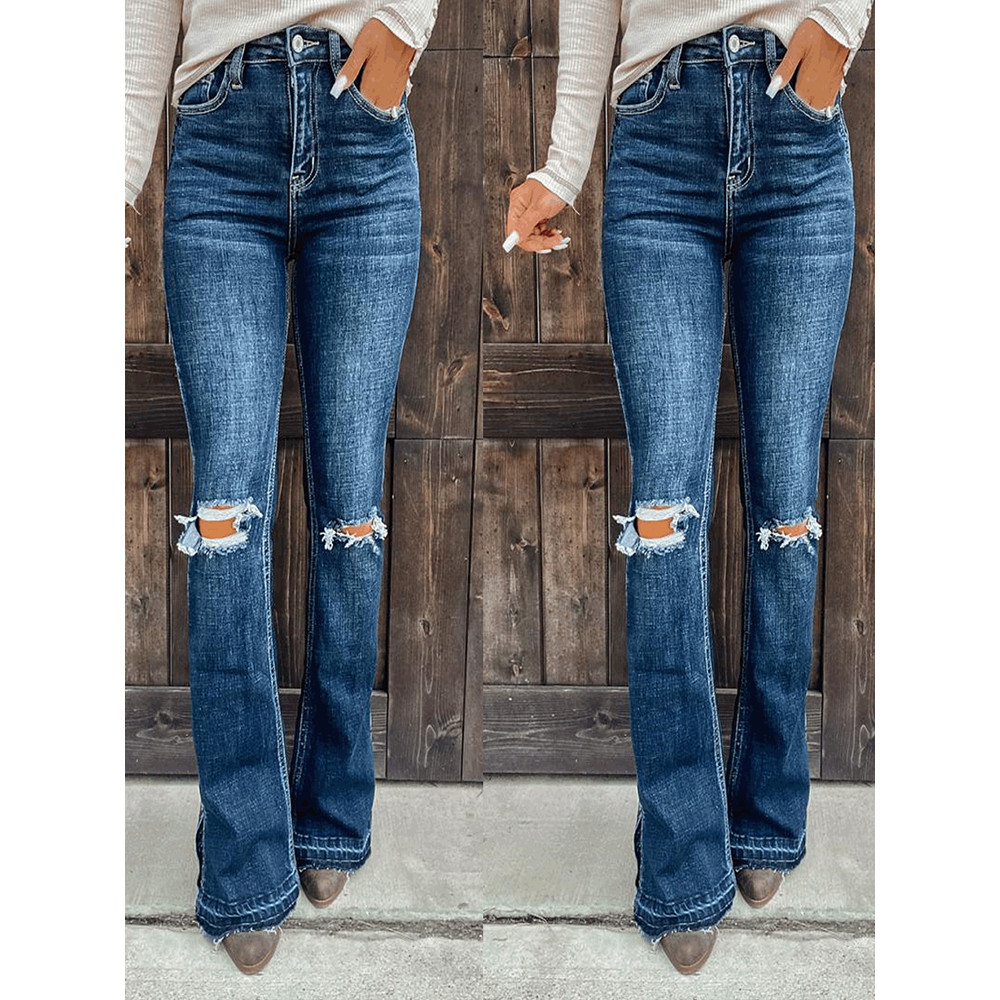Classic Washed Ripped Bootcut Jeans