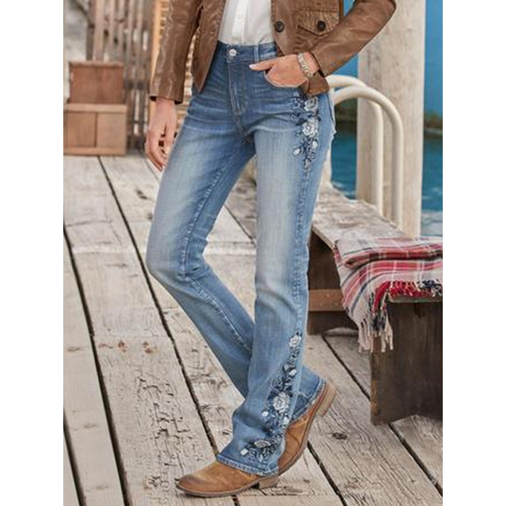 Embroidered Vintage Slim Fit Micro-Flare Jeans
