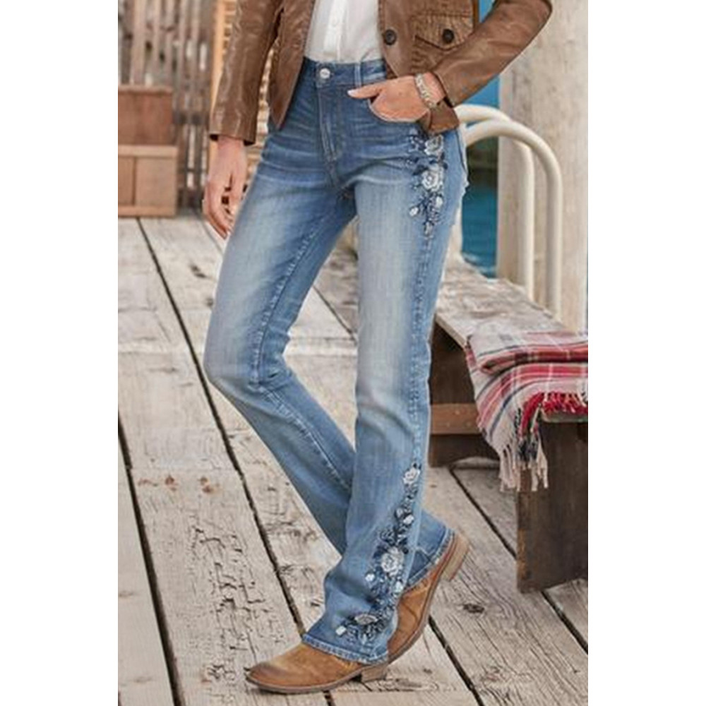 Embroidered Vintage Slim Fit Micro-Flare Jeans