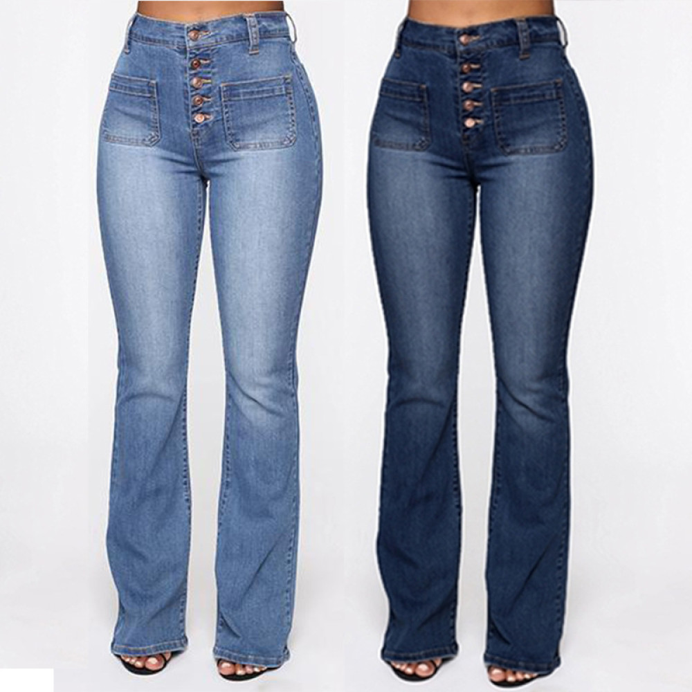 High Waist Button Bootcut Jeans
