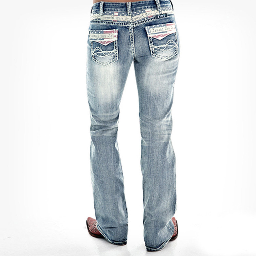 Retro Style Washed Printed Slim Jeans