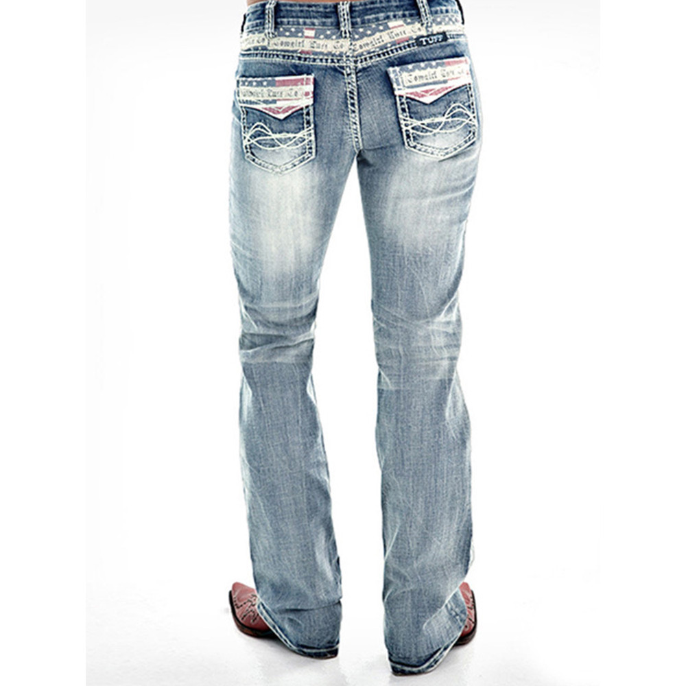 Retro Style Washed Printed Slim Jeans