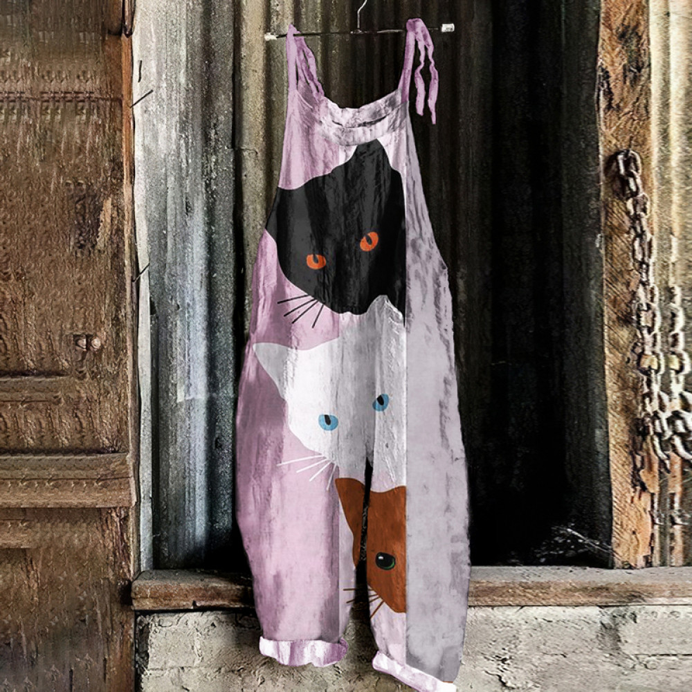 Abstract Cat Painting Art Loose Casual Jumpsuit