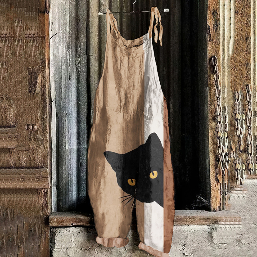 Abstract Cat Painting Art Loose Casual Jumpsuit