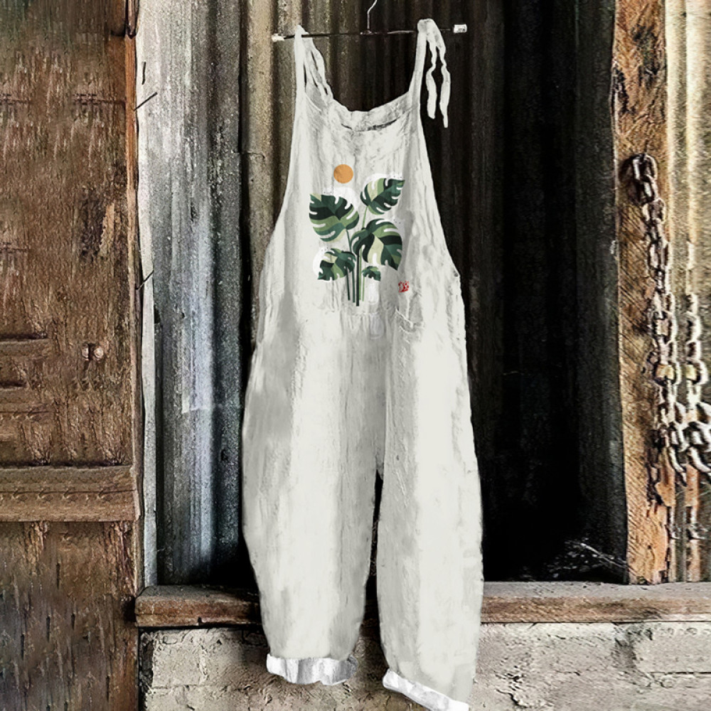 Abstract Creative Cute Cat And Plant Sun Painting Art Loose Casual Jumpsuit
