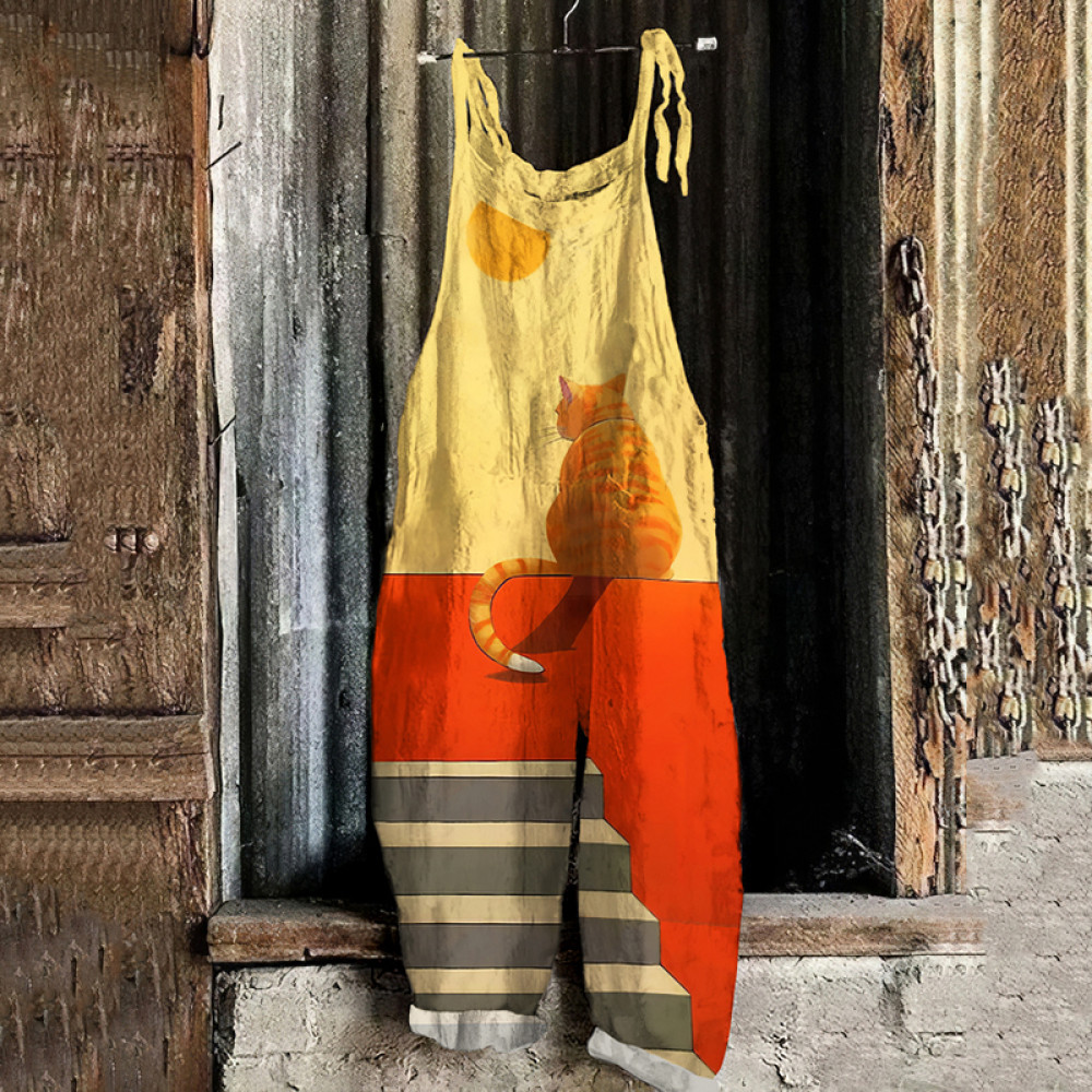 Abstract Creative Cute Cat In A Daze On The Balcony Painting Art Print Loose Casual Jumpsuit