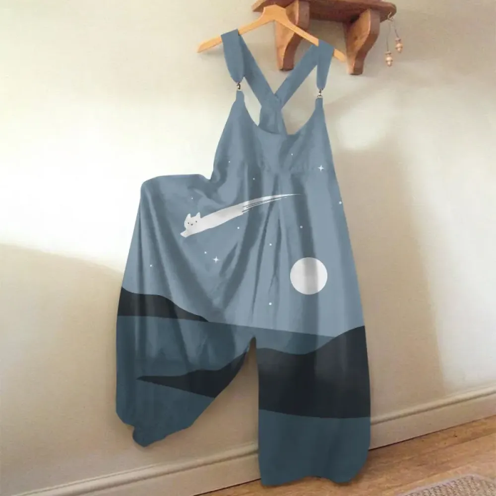 Abstract Creative Cute Cat Leaping Under The Starry Sky Print Loose Casual Jumpsuit