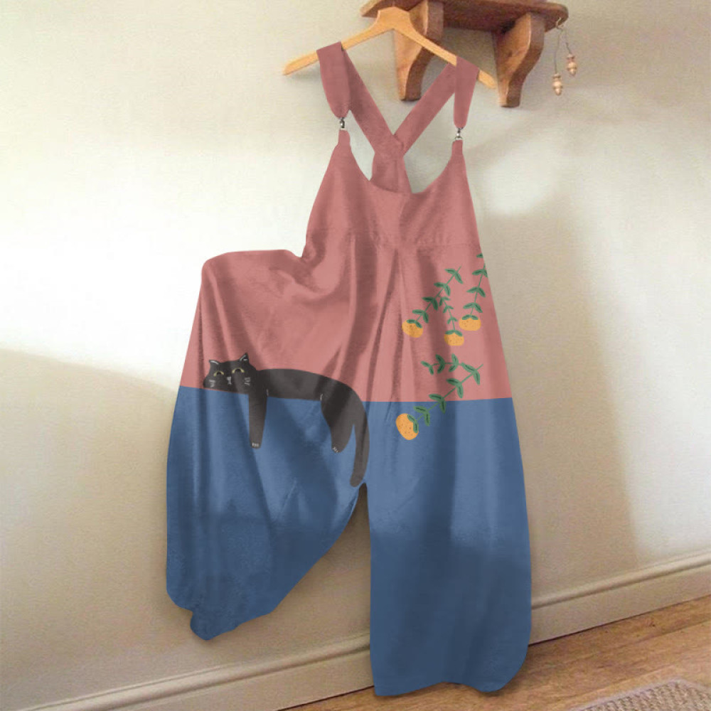 Abstract Creative Lazy Black Cat Painting Art Print Loose Casual Jumpsuit