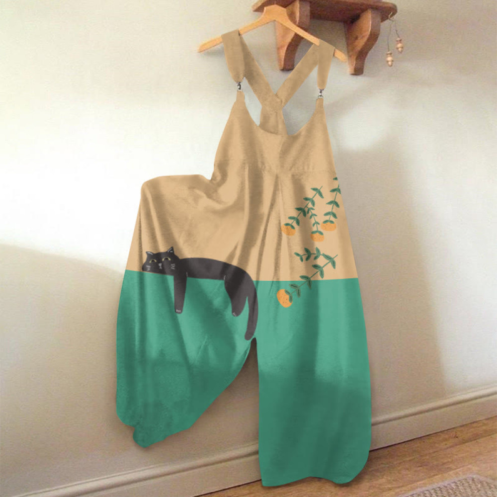 Abstract Creative Lazy Black Cat Painting Art Print Loose Casual Jumpsuit