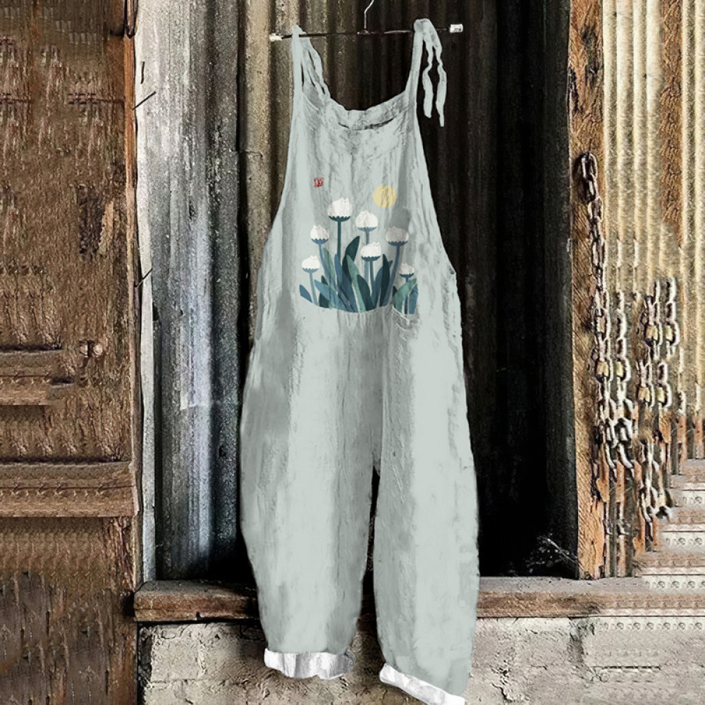 Abstract Creative Spring Cute Cat And Plant Painting Art Loose Casual Jumpsuit