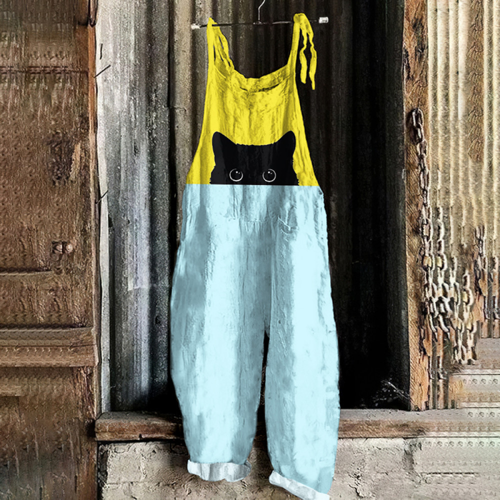 Art Black Cat Print Loose Casual Jumpsuit