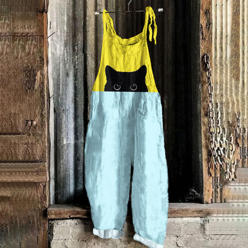 Art Black Cat Print Loose Casual Jumpsuit