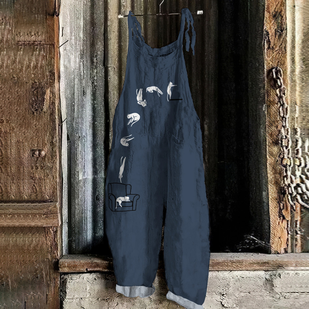 Art Cat Print Loose Casual Jumpsuit