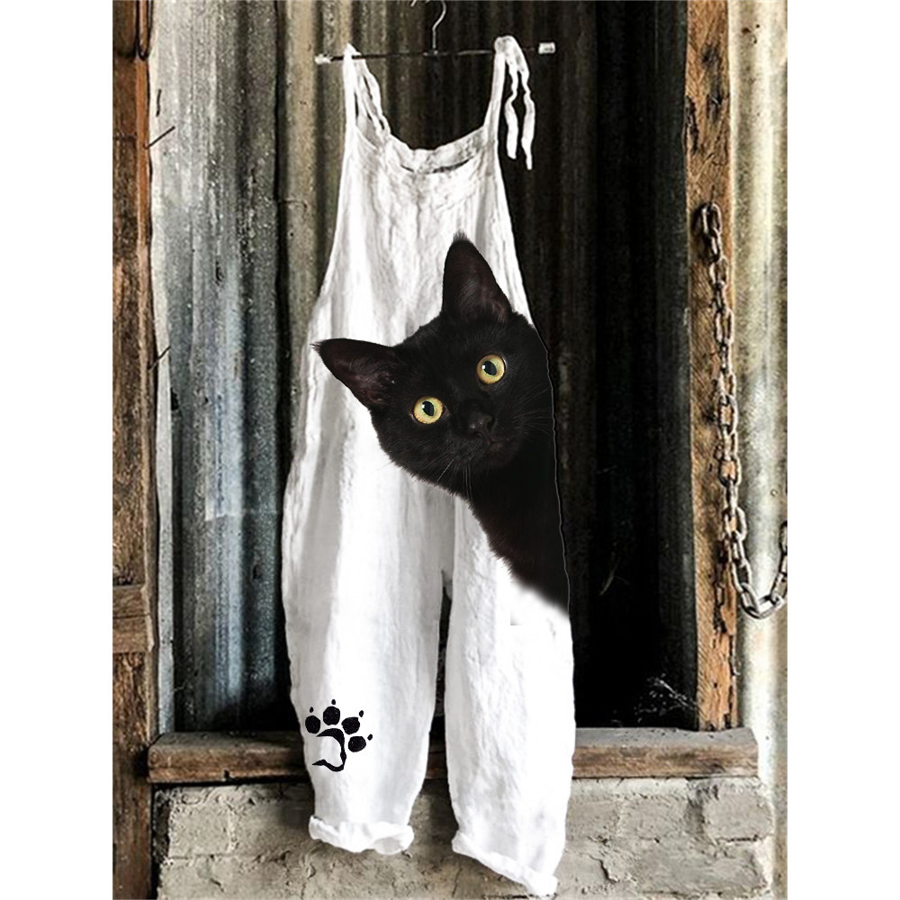 Black Cat Peeking Paw Print Loose Jumpsuit