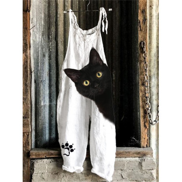 Black Cat Peeking Paw Print Loose Jumpsuit