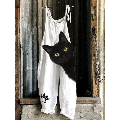 Black Cat Peeking Paw Print Loose Jumpsuit