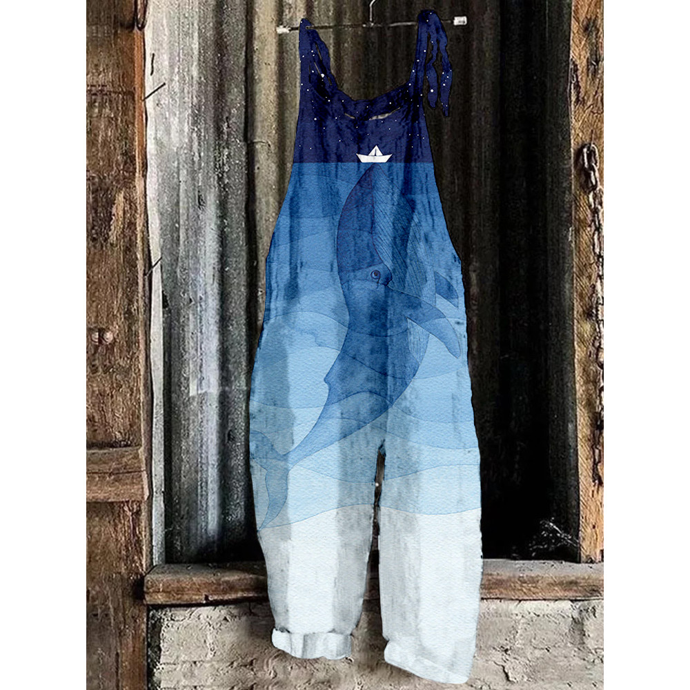 Blue Whale Art Print Comfy Loose Fit Jumpsuit