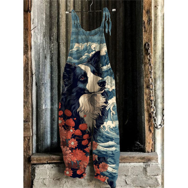Border Collie Japanese Ukiyo-E Art Linen Blend Jumpsuit