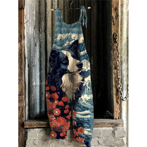 Border Collie Japanese Ukiyo-E Art Linen Blend Jumpsuit