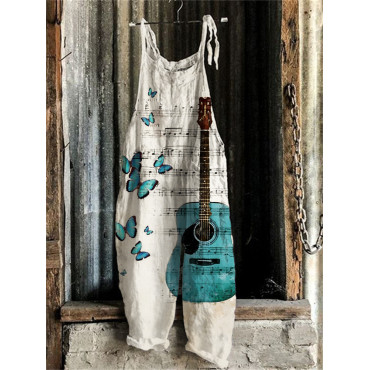 Butterflies & Guitar Faded Sheet Music Graphic Jumpsuit
