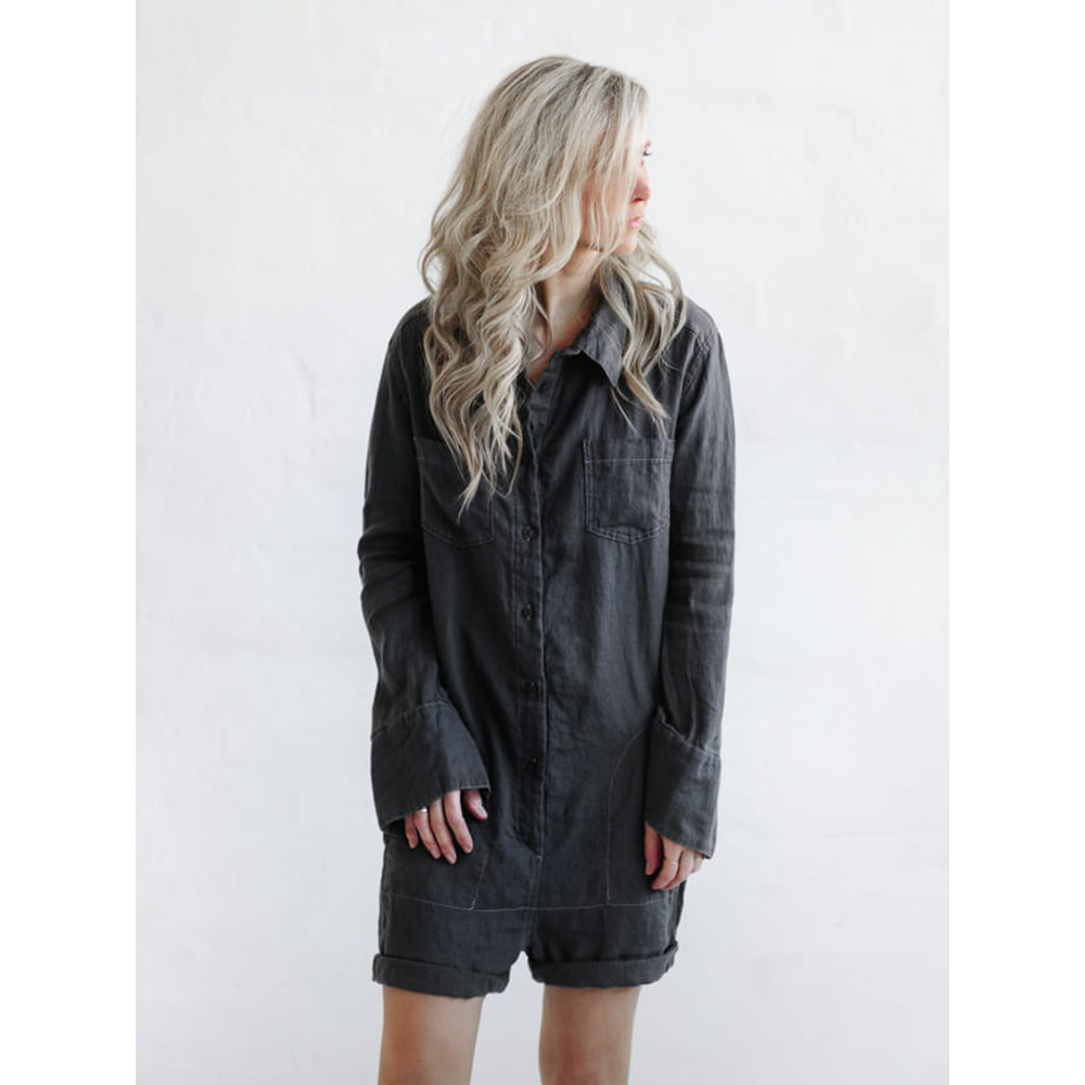 Button Up Short Linen Jumpsuit