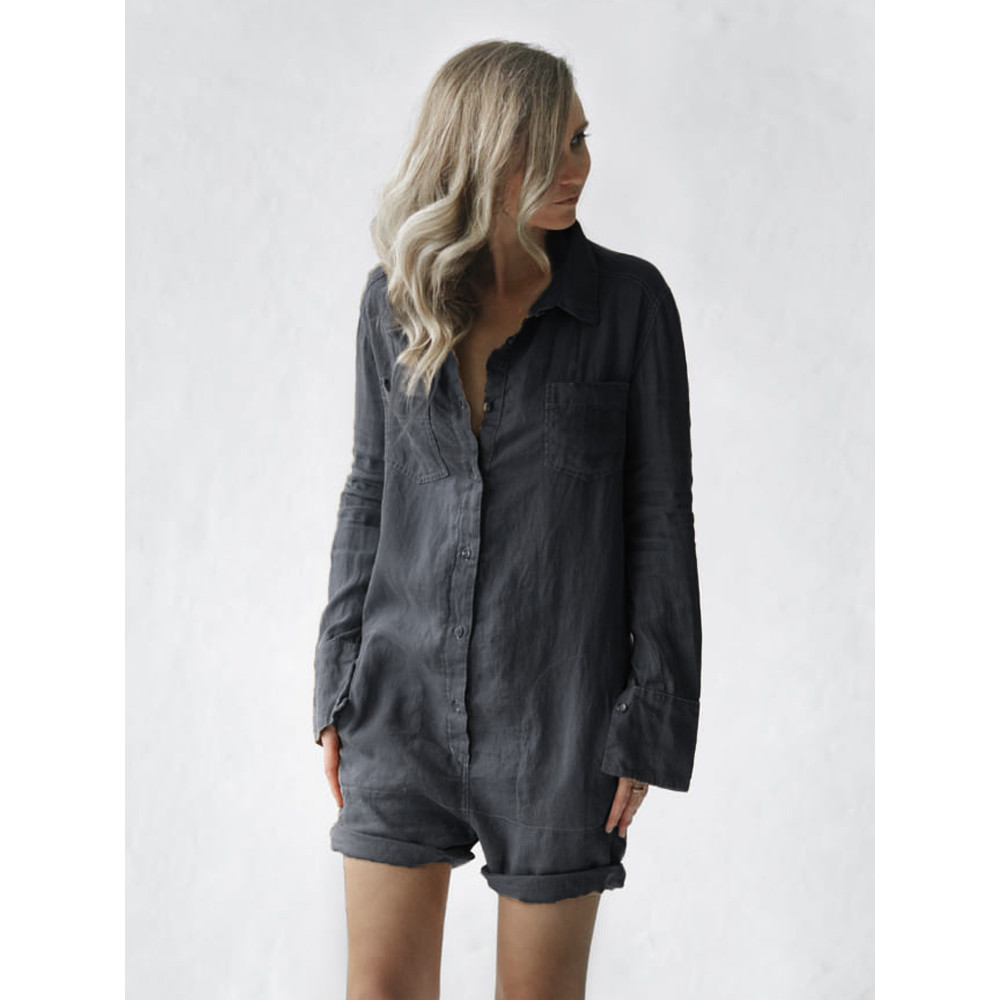 Button Up Short Linen Jumpsuit