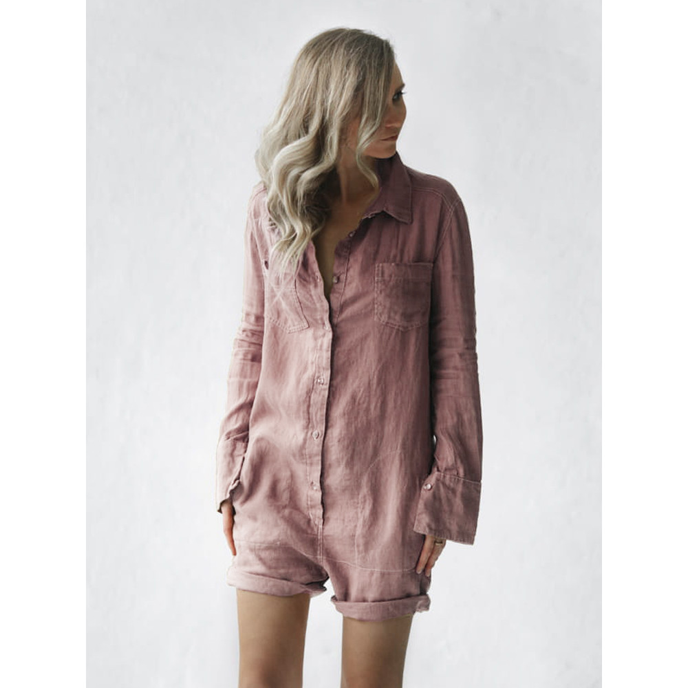 Button Up Short Linen Jumpsuit