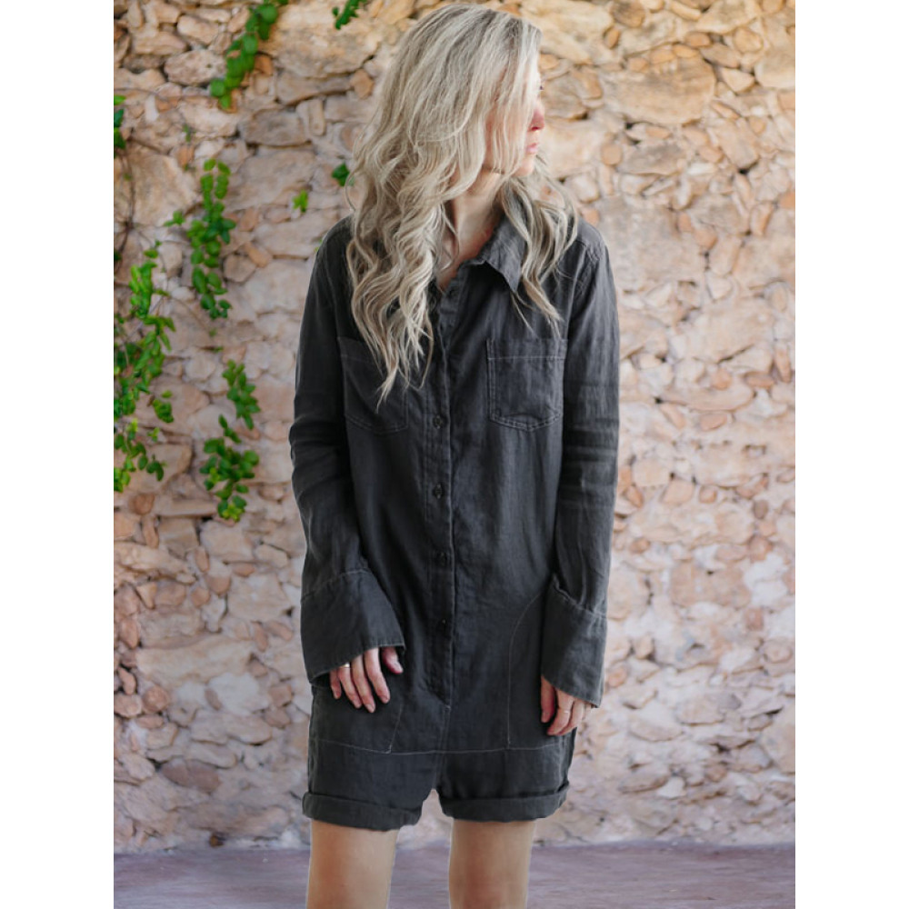 Button Up Short Linen Jumpsuit