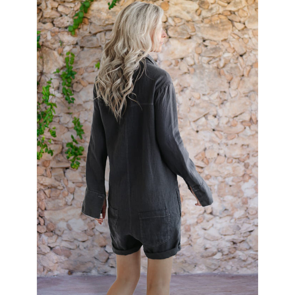Button Up Short Linen Jumpsuit