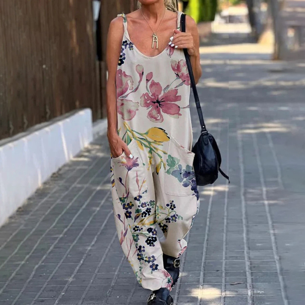Casual Floral Print Linen Blend Comfy Jumpsuit