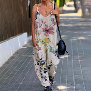 Casual Floral Print Linen Blend Comfy Jumpsuit