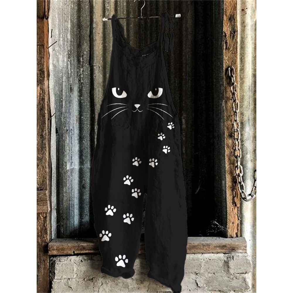 Cat Face Paw Prints Loose Fit Jumpsuit