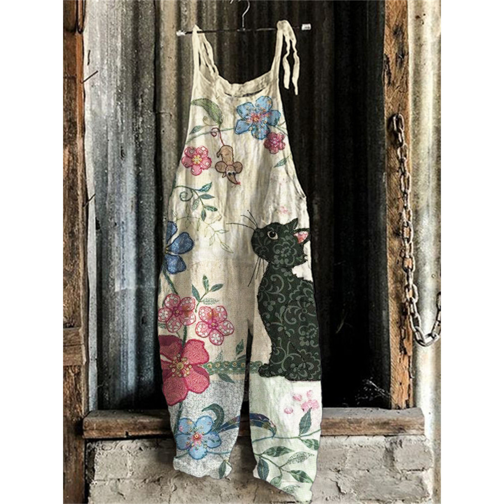 Cat In Nature Fiber Art Print Loose Jumpsuit