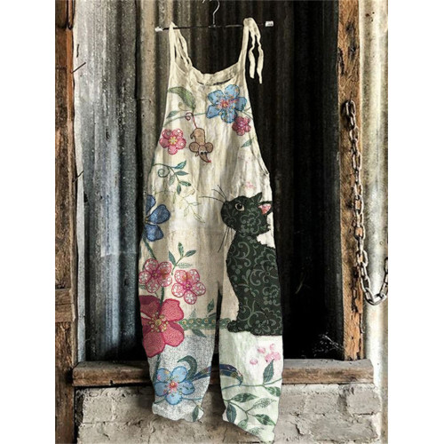 Cat In Nature Fiber Art Print Loose Jumpsuit