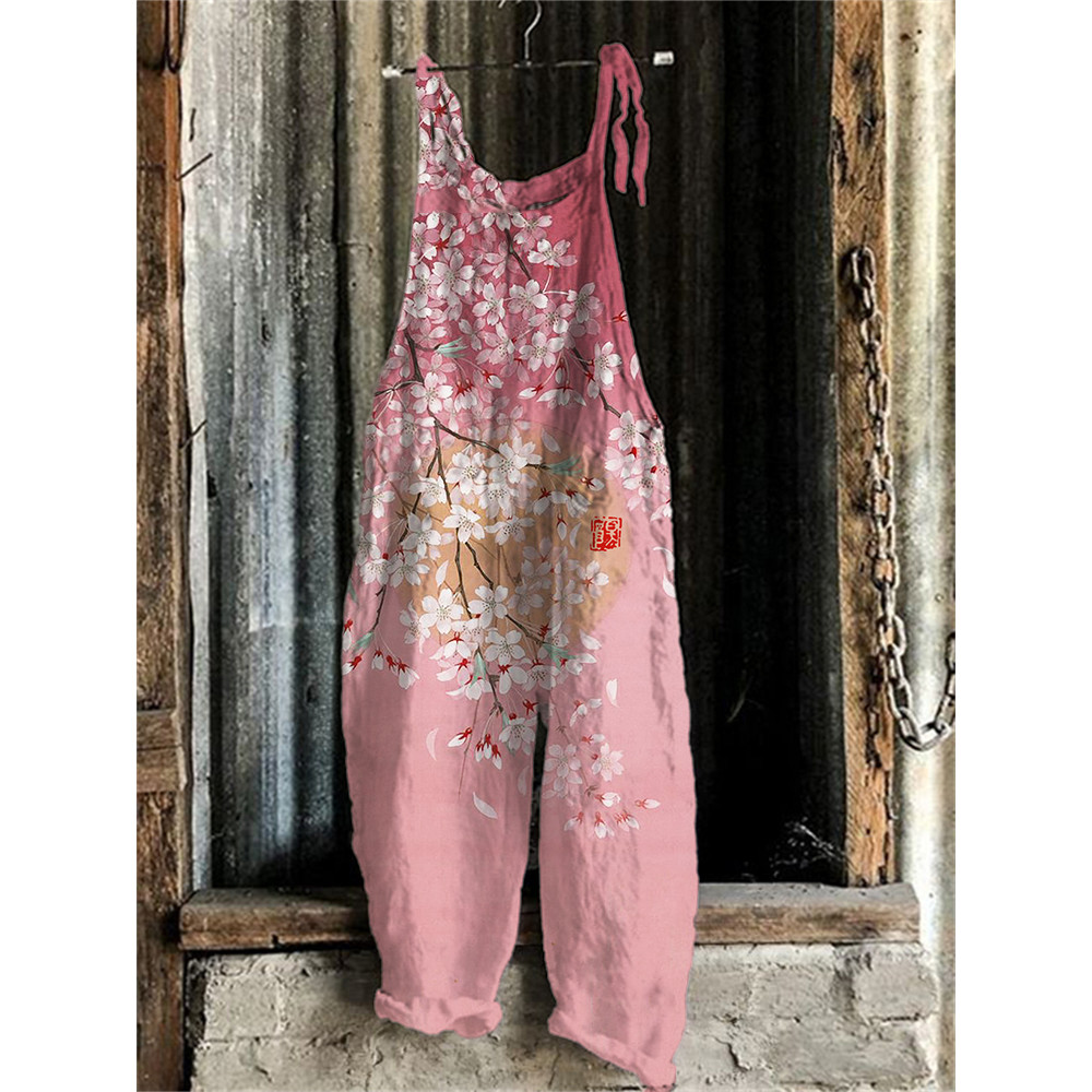 Cherry Blossom Full Moon Japanese Art Linen Blend Jumpsuit