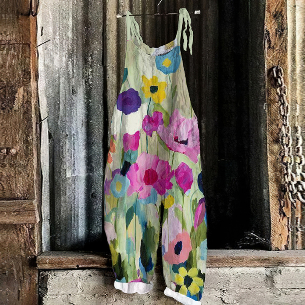 Color Block Floral Art Printed Casual Jumpsuit