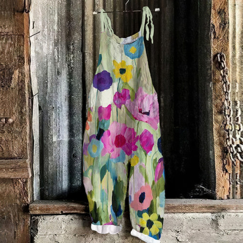 Color Block Floral Art Printed Casual Jumpsuit
